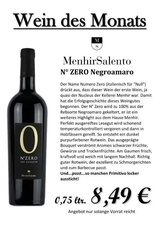 Wein des Monats N° Zero Negroamaro